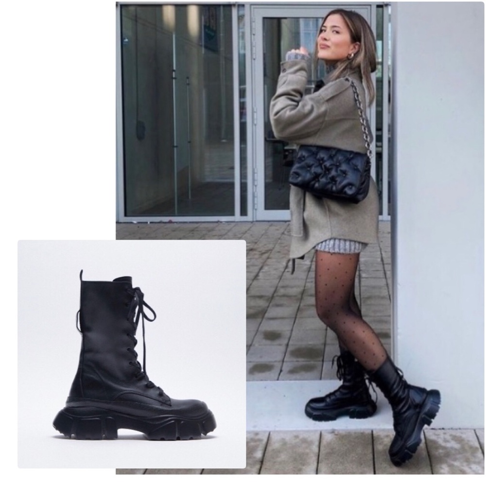 NWT Zara Low Heel Lug Sole Laced Leather Boots